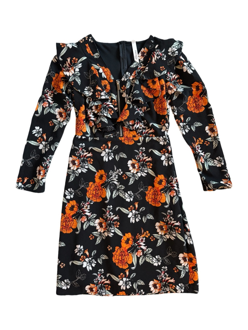 NY Collection Black Floral Long Sleeve Ruffle Dress with Orange Accents